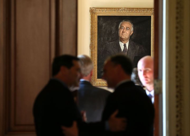 WASHINGTON, DC - NOVEMBER 14: A portrait of Franklin Delano Roosevelt hangs in Senate Majority Leader Harry Reid's (D-NV) office as newly elected Democratic Senators arrive on November 14, 2012 in Washington, DC. Leader Reid hosted a meeting and photo op with the senators-elect. (Photo by Mark Wilson/Getty Images)