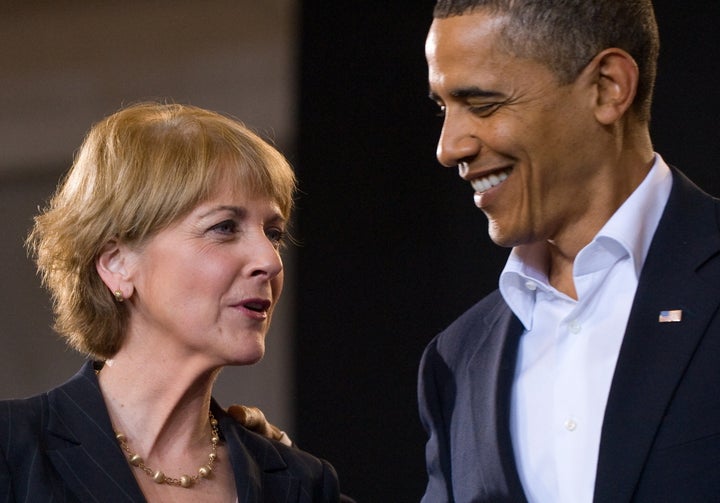 US President Barack Obama talks with US Senate candidate Democrat Martha Coakley during a campaign rally for Coakley at the Cabot Center at Northeastern University in Boston, Massachusetts, January 17, 2010. Coakley enters the final days of her campaign locked in a tight race with Republican Scott Brown as they battle for the vacant US Senate seat previously held by Senator Ted Kennedy who died last year. AFP PHOTO / Saul LOEB (Photo credit should read SAUL LOEB/AFP/Getty Images)