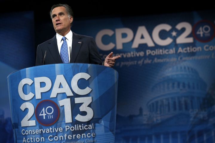 NATIONAL HARBOR, MD - MARCH 15: Former Republican presidential candidate and former Massachusetts Governor Mitt Romney delivers remarks during the second day of the 40th annual Conservative Political Action Conference (CPAC) March 15, 2013 in National Harbor, Maryland. The American conservative Union held its annual conference in the suburb of Washington, DC, to rally conservatives and generate ideas. (Photo by Alex Wong/Getty Images)