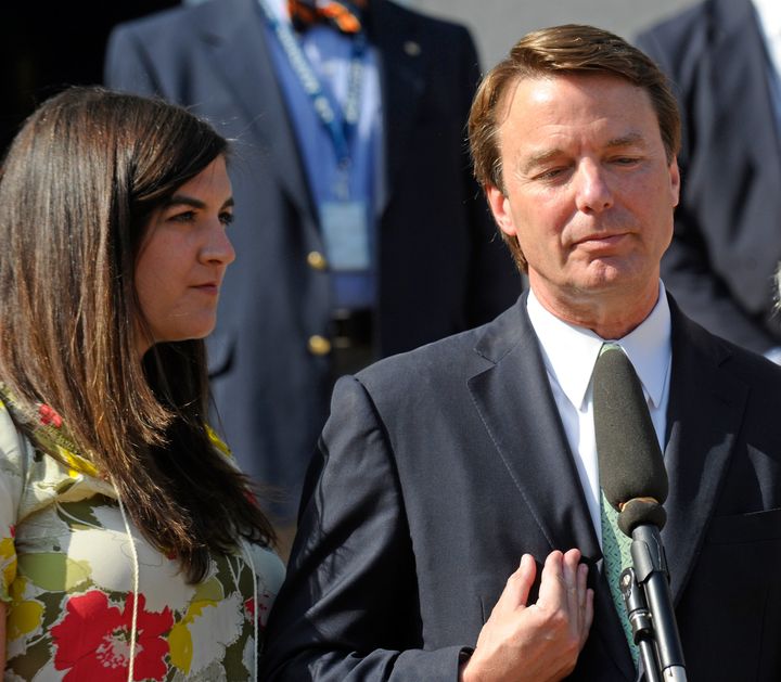GREENSBORO, NC - MAY 31: Former U.S. Sen. John Edwards gets choked-up while discussing his daughter Quinn in front of the media alongside his eldest daughter Cate Edwards the federal court May 31, 2012 in Greensboro, North Carolina. Edwards was acquitted on one count and a mistrial was declared on the five other counts after nine-days of jury deliberations in his corruption trial. Quinn is the daughter of his once mistress Rielle Hunter. (Photo by Sara D. Davis/Getty Images)