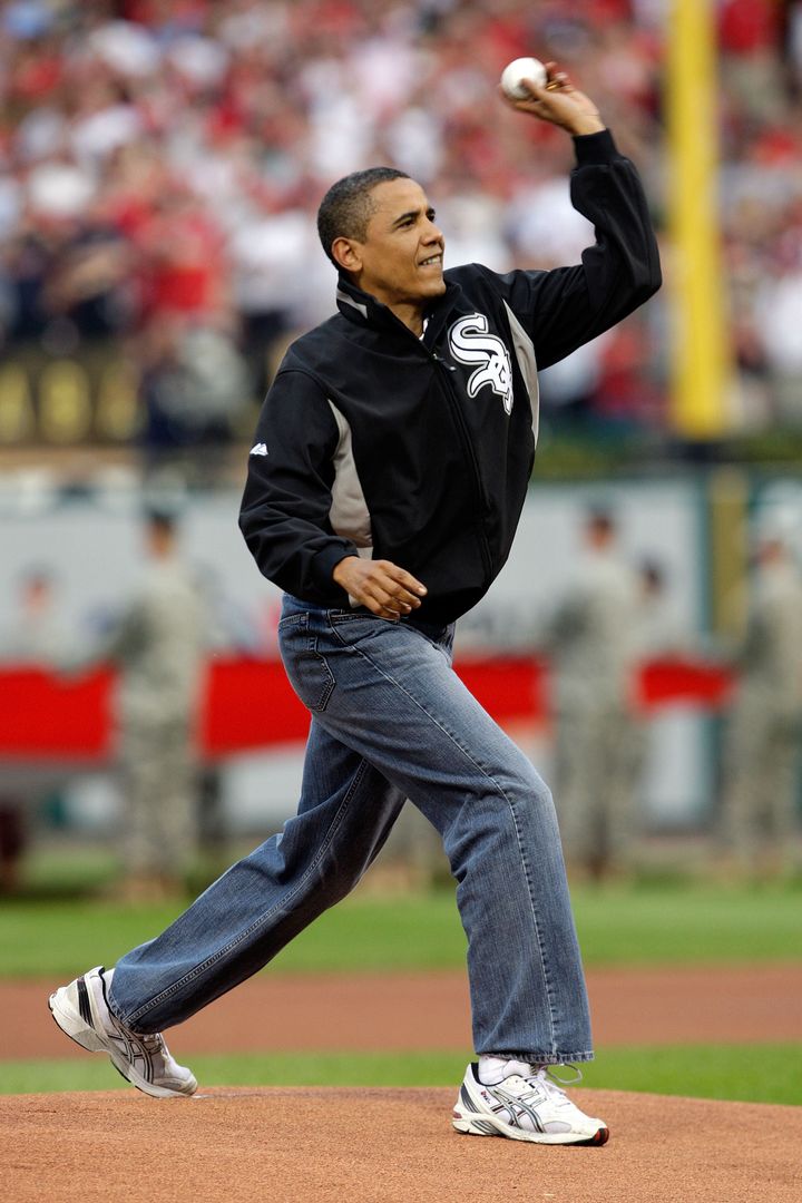 ST LOUIS, MO - JULY 14: U.S. President Barack Obama throws out the first pitch at the 2009 MLB All-Star Game at Busch Stadium on July 14, 2009 in St Louis, Missouri. (Photo by Jamie Squire/Getty Images)