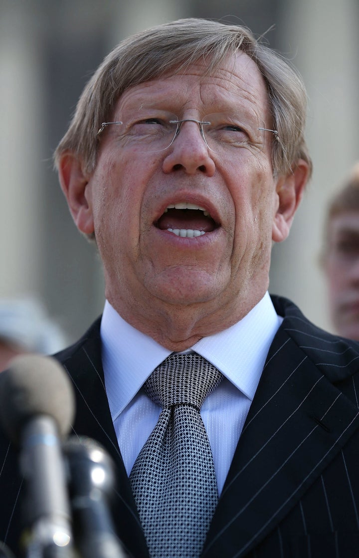 WASHINGTON, DC - MARCH 26: Plaintiff attorney Ted Olson talks to the media after oral arguments at the U.S. Supreme Court, o