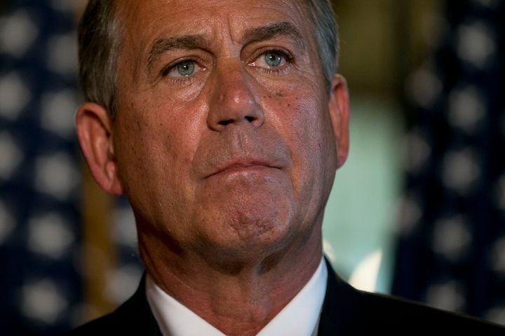 House Speaker John Boehner, a Republican from Ohio, pauses during a news conference with GOP leaders at the U.S. Capitol in Washington, D.C., U.S., on Monday, Feb. 25, 2013. U.S. lawmakers have four days to avoid the start of across-the-board government spending cuts, known as sequestration. So far, there is little indication that President Barack Obama and congressional Republicans will reach an agreement this week. Photographer: Andrew Harrer/Bloomberg via Getty Images 