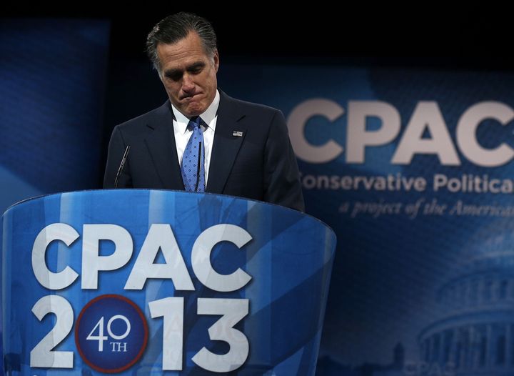 NATIONAL HARBOR, MD - MARCH 15: Former Republican presidential candidate and former Massachusetts Governor Mitt Romney delivers remarks during the second day of the 40th annual Conservative Political Action Conference (CPAC) March 15, 2013 in National Harbor, Maryland. The American conservative Union held its annual conference in the suburb of Washington, DC, to rally conservatives and generate ideas. (Photo by Alex Wong/Getty Images)