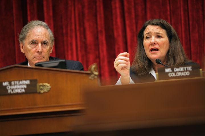 WASHINGTON, DC - OCTOBER 14: House Energy and Commerce Committee's Oversight and Investigations Subcommittee ranking member Rep. Diana DeGette (D-CO) (R) delivers opening remarks as Chairman Cliff Stearns (R-FL) listens during a hearing about the the Obama Administrations roll in the Solyndra loan guarantee at the Rayburn House Office Building on Capitol Hill October 14, 2011 in Washington, DC. Much of the first part of the hearing was spent on parliamentary tactics over whether to release documents from the Department of Energy and the Treasury about concerns over the legality of the Solyndra loans. (Photo by Chip Somodevilla/Getty Images)