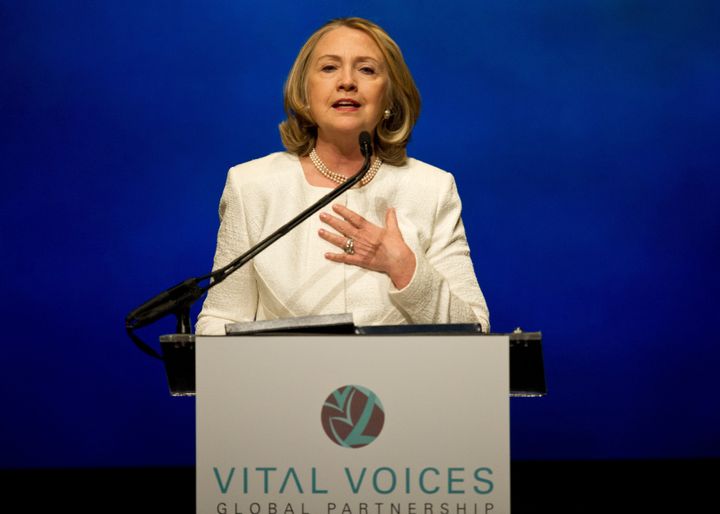 Former US Secretary of State Hillary Clinton addresses the Vital Voices Global Awards ceremony at the Kennedy Center in Washington on April 2, 2013. The event honors 'women leaders from around the world who are the unsung heroines to strengthen democracy, increase economic opportunity, and protect human rights,' according to the group's website. AFP PHOTO/Nicholas KAMM (Photo credit should read NICHOLAS KAMM/AFP/Getty Images)