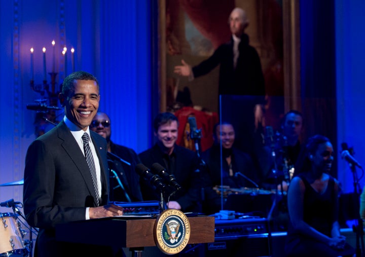 US President Barack Obama speaks during a concert in honor of Memphis Soul music in the East Room of the White House in Washington, DC, on April 9, 2013, as part of the 'In Performance at the White House' series. The concert, featuring performances by Justin Timberlake, Booker T. Jones, Ben Harper, Queen Latifiah, among others, is the latest in the series that honors American musicians from all spectrums of musical genres, and airs next week on the PBS television channel. AFP PHOTO / Saul LOEB (Photo credit should read SAUL LOEB/AFP/Getty Images)