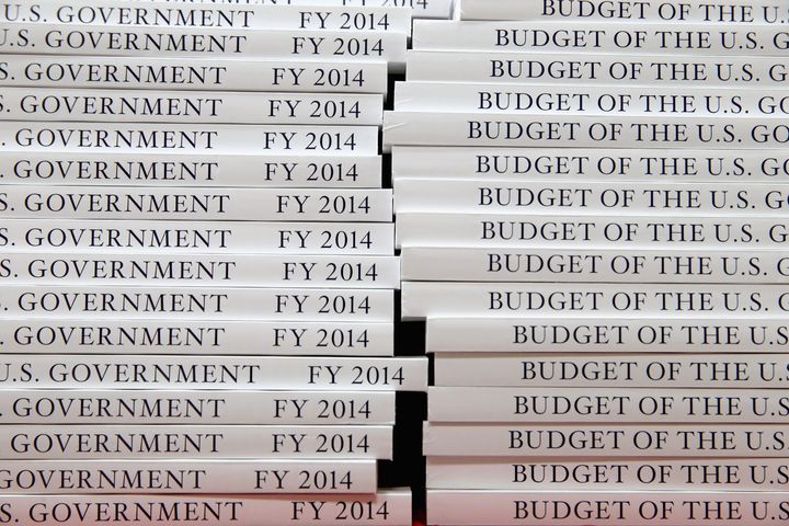 WASHINGTON, DC - APRIL 10: Copies of the Obama Administration's proposed FY 2014 federal budget are on display before going on sale at the Government Printing Office Book Store April 10, 2013 in Washington, DC. The White House says the Obama plan would cut deficits by a total of $1.8 trillion over a decade. (Photo by Chip Somodevilla/Getty Images)