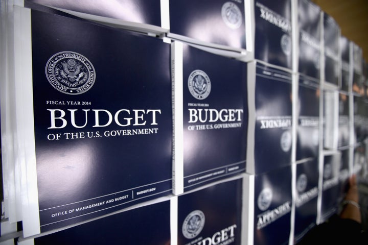 WASHINGTON, DC - APRIL 10: Copies of the Obama Administration's proposed FY 2014 federal budget are on display before going on sale at the Government Printing Office Book Store April 10, 2013 in Washington, DC. The White House says the Obama plan would cut deficits by a total of $1.8 trillion over a decade. (Photo by Chip Somodevilla/Getty Images)