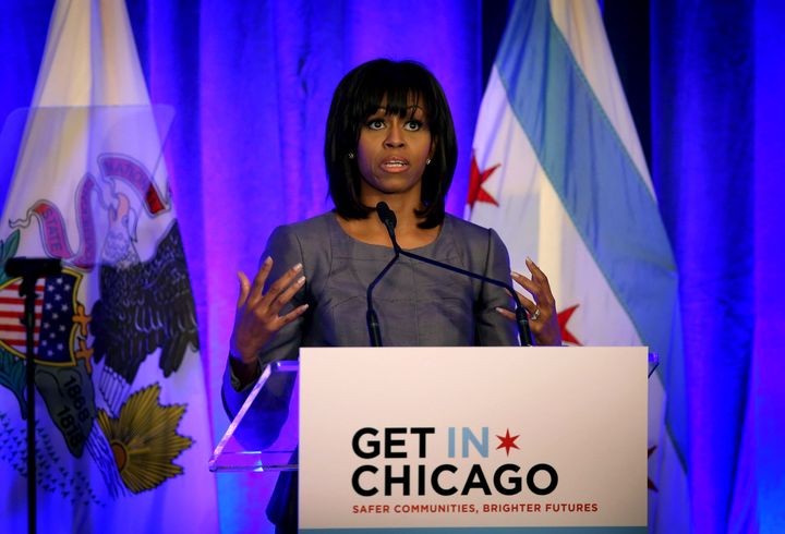 CHICAGO, IL - APRIL 10: First lady Michelle Obama get emotional as she speaks to guests about the murder of 15-year-old Hadiya Pendleton during a speech about combating youth violence at a luncheon April 10, 2013 in Chicago, Illinois. According to published reports Chicago has had 79 murders in 2013. Twenty-seven of the victims have been under 21-years-old, the most recent victim was fourteen-year-old Michael Orozco who died April 7, from two gunshot wounds to his chest. A 17 and a 19-year-old are in custody for Orozco's murder. (Photo by Scott Olson/Getty Images)