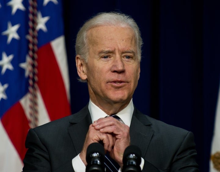 US Vice President Joe Biden delivers remarks to call on Congress to 'pass common-sense measures to reduce gun violence' as looks on at the Eisenhower Executive Building in Washington,DC on April 9, 2013. President Barack Obama accused Republicans of stooping to political stunts on April 8 to block gun reform, in a fervent appeal delivered close to the site of the Newtown school massacre. AFP PHOTO/Nicholas KAMM (Photo credit should read NICHOLAS KAMM/AFP/Getty Images)