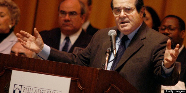 PHILADELPHIA - APRIL 29: U.S. Supreme Court Associate Justice Antonin Scalia addresses the Philadelphia Bar Association during a luncheon April 29, 2004 in Philadelphia, Pennsylvania. Scalia presented the first Antonin Scalia Award to Philadelphia lawyer and former American Bar President Jerome J. Shestack. Scalia is the third U.S. Supreme Court Justice to Address the Philadelphia Bar Association members in less than a year. (Photo by William Thomas Cain/Getty Images)