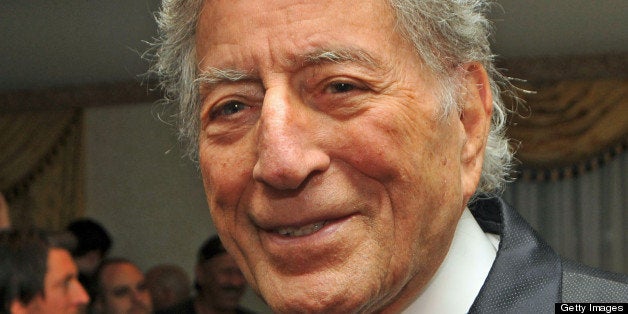 Close-up of American singer Tony Bennett (born Anthony Dominick Benedetto) attends the Amy Winehouse Foundation awards dinner at the Waldorf-Astoria where he was honored, New York, New York, March 21, 2013. (Photo by Tim Boxer/Getty Images)