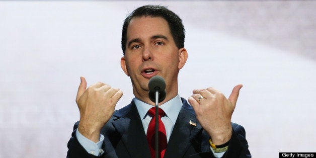 TAMPA, FL - AUGUST 26: Wisconsin Gov. Scott Walker speaks at the podium ahead of the Republican National Convention at the T