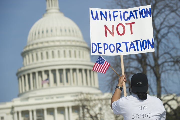 Tens of thousands of immigration reform supporters march in the 'Rally for Citizenship' on the West Lawn of the US Capitol in Washington, DC, on April 10, 2013. AFP PHOTO / Saul LOEB (Photo credit should read SAUL LOEB/AFP/Getty Images)