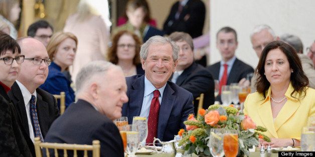 DALLAS, TX - APRIL 24: Former President George W. Bush attends a signing ceremony inside the Freedom Hall for the joint use agreement between the National Archive and the George W. Bush Presidential Center on the campus of Southern Methodist University on April 24, 2013 in Dallas, Texas. Dedication of the George W. Bush Presidential Library is to take place on April 25 with all five living U.S. Presidents in attendance. (Photo by Kevork Djansezian/Getty Images)