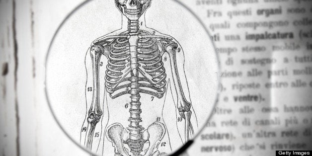 Magnifying glass on antique medical book showing skeleton parts