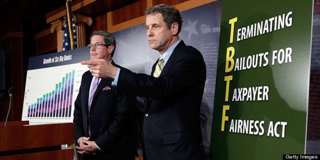 WASHINGTON, DC - APRIL 24: Sen. David Vitter (R-LA) (L) and Sen. Sherrod Brown (D-OH) (R) speak during a press conference announcing the details of 'Too Big to Fail' legislation at the U.S. Capitol April 24, 2013 in Washington, DC. The legislation would include capital requirements for financial institutions to protect against losses and prevent the use of federal funds to bail them out should they fail. (Photo by Win McNamee/Getty Images)