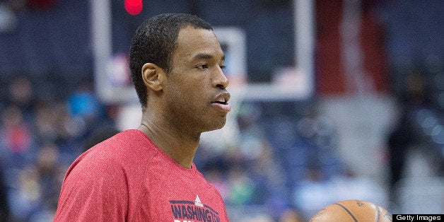 Washington Wizards center Jason Collins (98) warms up before their game against the New Orleans Hornets at the Verizon Center in Washington, D.C., Friday, March 15, 2013. (Harry E. Walker/MCT via Getty Images)