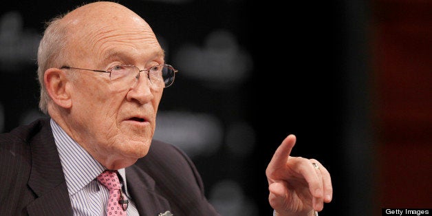 Alan Simpson, co-chairman of the National Commission on Fiscal Responsibility and Reform, speaks during the Moment Of Truth Project event in Washington, D.C., U.S., on Friday, April 19, 2013. Erskine Bowles and Simpson, the deficit-reduction duo, are trying to rekindle congressional interest in a $2.5 trillion package of spending cuts and tax increases with new details showing how it could work. Photographer: Julia Schmalz/Bloomberg via Getty Images