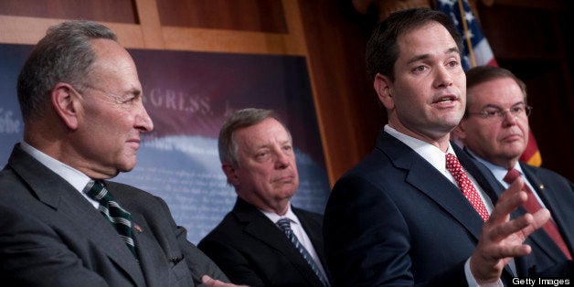 UNITED STATES - JANUARY 28: Sen. Charles Schumer, D-N.Y.; Sen. Dick Durbin, D-Ill.; Sen. Robert Menendez, D-N.J.; and Sen. Ma