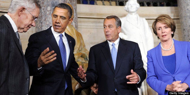 Senate Majority Leader Harry Reid, a Democrat from Nevada, from left, U.S. President Barack Obama, House Speaker John Boehner