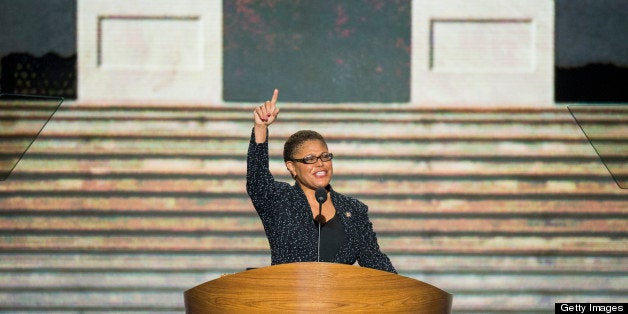 UNITED STATES - SEPTEMBER 5: Rep. Karen Bass, D-Calif., delivers her speech to the Democratic National Convention at Time Warner Cable Arena in Charlotte, N.C., on Wednesday, Sept. 5, 2012. (Photo By Bill Clark/CQ Roll Call)