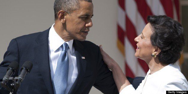 US President Barack Obama embraces his nominee for Secretary of Commerce, Penny Pritzker, during an event in the Rose Garden of the White House in Washington, DC, on May 2, 2013. AFP PHOTO / Saul LOEB (Photo credit should read SAUL LOEB/AFP/Getty Images)
