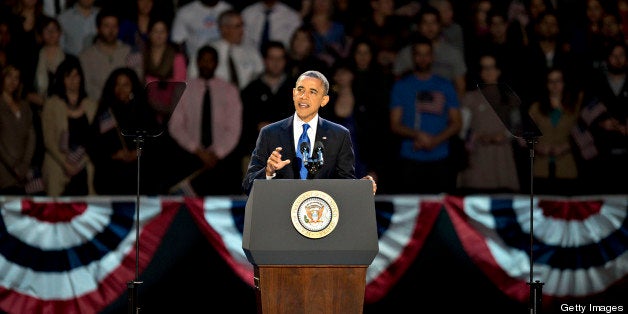 U.S. President Barack Obama makes an acceptance speech during an election night rally in Chicago, Illinois, U.S., in the early morning on Wednesday, Nov. 7, 2012. Obama, the post-partisan candidate of hope who became the first black U.S. president, won re-election today by overcoming four years of economic discontent with a mix of political populism and electoral math. Photographer: Daniel Acker/Bloomberg via Getty Images 