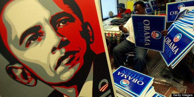 BIRMINGHAM, AL - NOVEMBER 03: Obama volunteer Tony Smith puts together yard signs in Obama campaign offices November 3, 2008