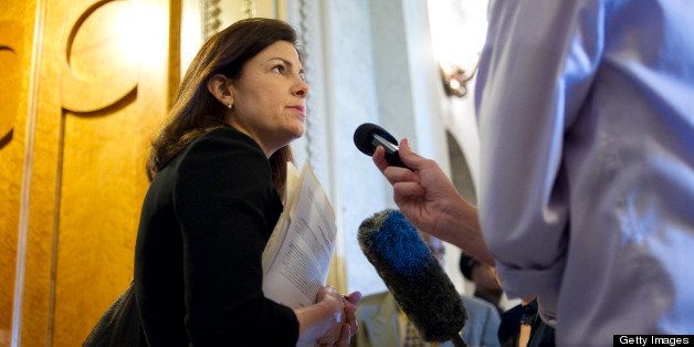 UNITED STATES - APRIL 17: Sen. Kelly Ayotte, R-N.H., is interviewed by the press after she voted 'no' on the gun background check vote. (Photo By Chris Maddaloni/CQ Roll Call)