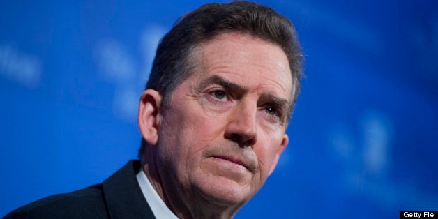 UNITED STATES - MAY 6: Former Sen. Jim DeMint, R-S.C., president of the Heritage Foundation, conducts a news conference at the Foundation's offices to discuss the U.S. Senate's 'Gang of Eight' immigration bill and how the amnesty portion would have negative effects on the economy. (Photo By Tom Williams/CQ Roll Call)