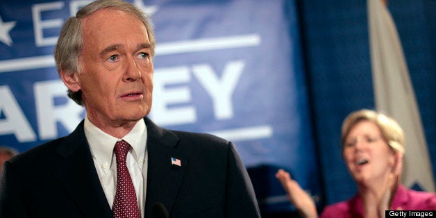 BOSTON - APRIL 30: Ed Markey and Sen. Elizabeth Warren declare victory at the Omni Parker House in Boston. (Photo by Bill Greene/The Boston Globe via Getty Images)