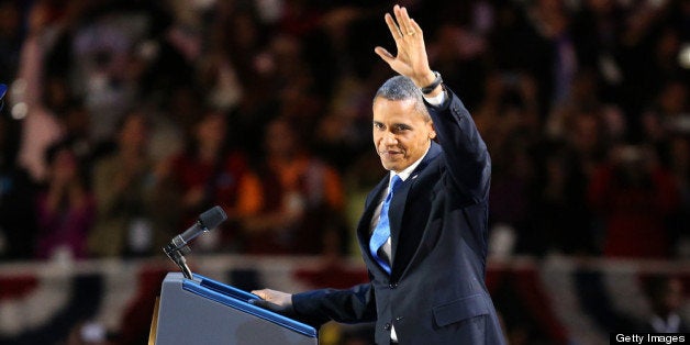 CHICAGO, IL - NOVEMBER 06: U.S. President Barack Obama delivers his victory speech after being reelected for a second term at McCormick Place November 6, 2012 in Chicago, Illinois. Obama won reelection against Republican candidate, former Massachusetts Governor Mitt Romney. (Photo by Spencer Platt/Getty Images)