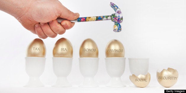 Person breaking golden eggs labeled social security, savings, bonds, IRA, and tax with a hammer