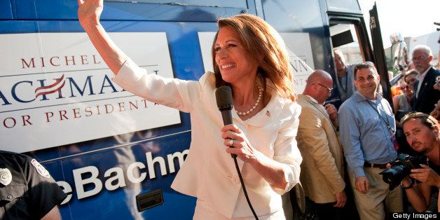 UNITED STATES - AUGUST 13: Republican presidential candidate Michele Bachmann, address supporters and the media after she won the Ames Straw Poll at Iowa State University in Ames, Iowa. (Photo By Tom Williams/Roll Call)