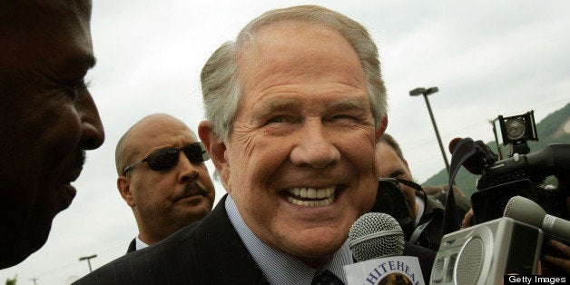 LYNCHBURG, VA - MAY 22: Religious broadcaster Pat Robertson arrives for the funeral of the Rev. Jerry Falwell at Thomas Road Baptist Church May 22, 2007 in Lynchburg, Virginia. Falwell, the influential evangelist whose conservative Christian empire influenced national politics, died a week ago after collapsing in his office at Liberty University. He was 73. (Photo by Mario Tama/Getty Images)