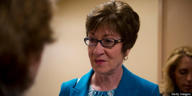 UNITED STATES - May 14: Sen. Susan Collins, R-ME., talks to reporters about the Justice Department secretly seizing AP reporters? phone records outside of the weekly Senate luncheon's on May 14, 2013. (Photo By Douglas Graham/CQ Roll Call)