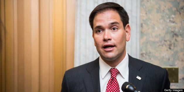 UNITED STATES - MAY 7: Sen. Marco Rubio, R-Fla., speaks with reporters outside of the Senate floor in the Capitol on Tuesday,