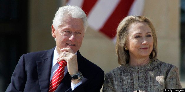 Former president Bill Clinton and Hillary Clinton attend dedication ceremonies for the new George W. Bush Presidential Center in Dallas, Texas, Thursday, April 25, 2013. (Paul Moseley/Fort Worth Star-Telegram/MCT via Getty Images)