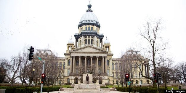 Illinois State House Capitol on a cloudy winter day - Springfield (state capitol series). The statue of Abraham Lincoln was dedicated on October 5, 1918, the centennial of the first meeting of the Illinois General Assembly.