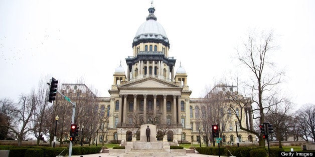 Illinois State House Capitol on a cloudy winter day - Springfield (state capitol series). The statue of Abraham Lincoln was d