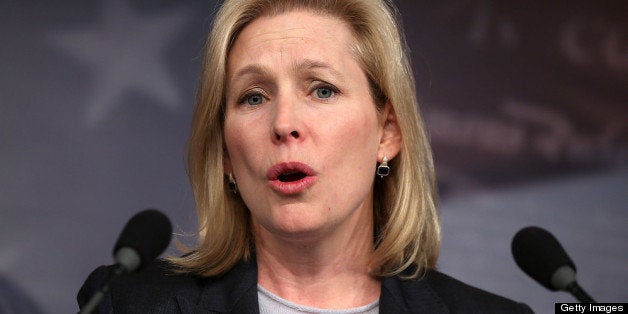 WASHINGTON, DC - JANUARY 04: U.S. Sen. Kirsten Gillibrand (D-NY) speaks to the media during a news conference January 4, 2013 on Capitol Hill in Washington, DC. Sen. Charles Schumer (D-NY) and Gillibrand held a news conference on the passing of a small portion of the superstorm Sandy relief bill. (Photo by Alex Wong/Getty Images)