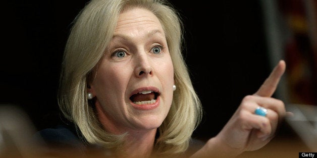 WASHINGTON, DC - JUNE 04: Sen. Kirsten Gillibrand (D-NY) questions U.S. military leaders while they testify before the Senate Armed Services Committee on pending legislation regarding sexual assaults in the military June 4, 2013 in Washington, DC. A recent survey of active duty personnel by the Pentagon revealed that 6.1 percent of women and 1.2 percent of men reported receiving 'unwanted sexual contact' in the past year. (Photo by Win McNamee/Getty Images)