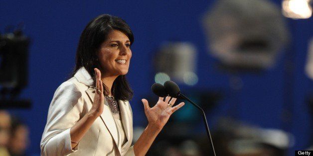 Governor Nikki Haley of South Carolina addresses the crowd at the Tampa Bay Times Forum in Tampa, Florida, on August 28, 2012 during the Republican National Convention. The 2012 Republican National Convention is expected to host 2,286 delegates and 2,125 alternate delegates from all 50 states, the District of Columbia and five territories. AFP PHOTO Robyn BECK (Photo credit should read ROBYN BECK/AFP/GettyImages)