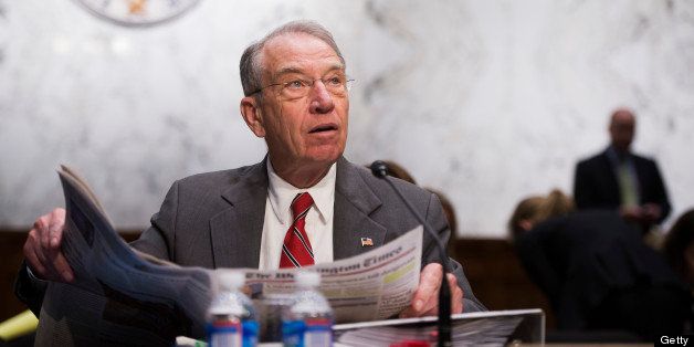 UNITED STATES - MAY 20: Sen. Chuck Grassley, R-Iowa, ranking member of the Senate Judiciary Committee waits for the start of a markup session in Hart Building for the 'Border Security, Economic Opportunity, and Immigration Modernization Act,' which they hope to finish this week and bring to the floor in June. (Photo By Tom Williams/CQ Roll Call)