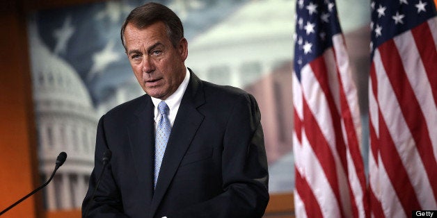 WASHINGTON, DC - JUNE 06: U.S. Speaker of the House Rep. John Boehner (R-OH) speaks during his weekly news conference June 6, 2013 on Capitol Hill in Washington, DC. Boehner urged President Obama to take government shutdown off the negotiation for spending. (Photo by Alex Wong/Getty Images)