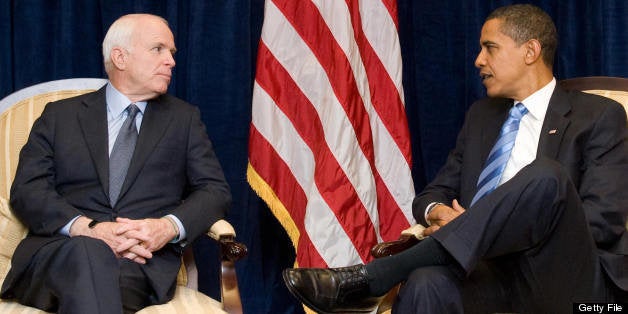 US President-elect Barack Obama (R) meets with former Republican presidential candidate Arizona Senator John McCain at Obama's transition offices in Chicago on November 17, 2008. They are meeting for the first time since the election was held 13 days ago. AFP PHOTO / Saul LOEB (Photo credit should read SAUL LOEB/AFP/Getty Images)