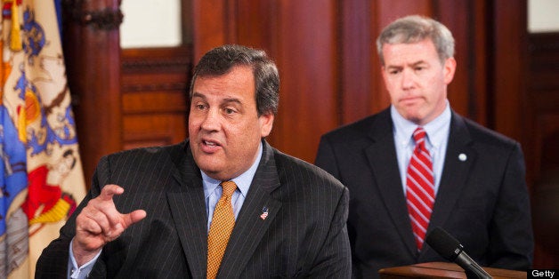 TRENTON, NJ - JUNE 6: New Jersey Gov. Chris Christie speaks during a press conference as New Jersey Attorney General Jeffrey Chiesa looks on June 06, 2013 in Trenton , New Jersey. Christie has named state Chiesa to temporarily fill the U.S. Senate seat after U.S. Frank Lautenberg's (D-NJ) death. (Photo by Kena Betancur/Getty Images)