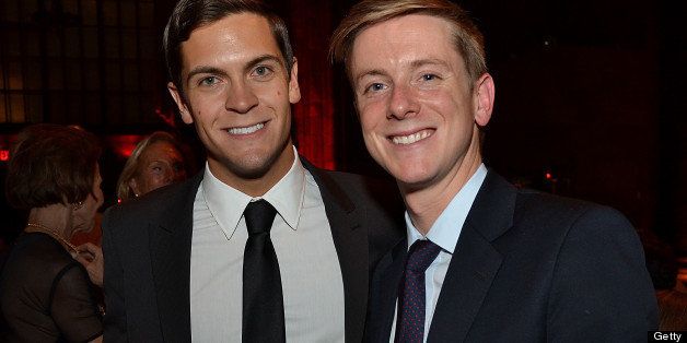 Sean Eldridge, president of Hudson River Ventures, left, and Chris Hughes, editor-in-chief and publisher of The New Republic and a founder of Facebook Inc., stand for a photograph during the Paris Review Spring Revel gala in New York, U.S., on Tuesday, April 3, 2012. The Paris Review Spring Revel is an annual gala held in celebration of great American writers and writing. This year's benefit celebrated the literary magazine's 200th issue. Photographer: Amanda Gordon/Bloomberg via Getty Images 